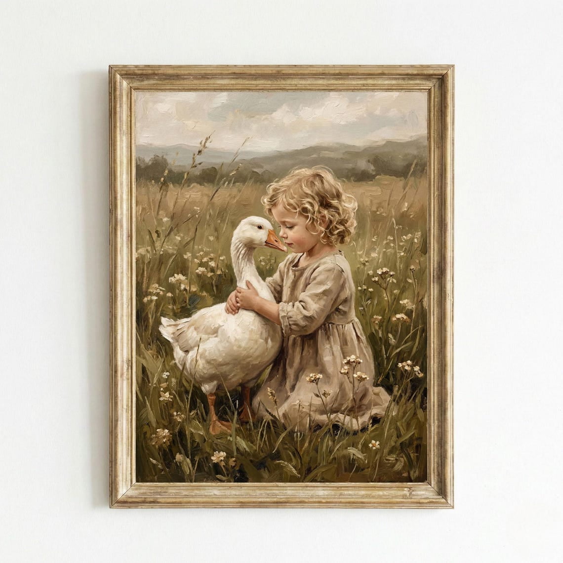 Vintage Duck And Girl Meadow Wall Art Cottagecore Farmhouse Nursery Art Style Decor