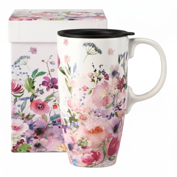 Topadorn Watercolor Pink Garden Floral Ceramic Travel Mug, 17oz, Wildflower Print, Spill-Resistant Lid, Microwave & Dishwasher Safe, Gift Boxed