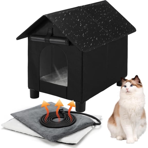 Elevated Heat Outside Cat House,Waterproof Heater Feral Cat Shelter for Indoor Outdoor Kitty,Warm and Insulated Outside Heated Kitten Bed with Thermostatic Heating Pad for Cold Winter