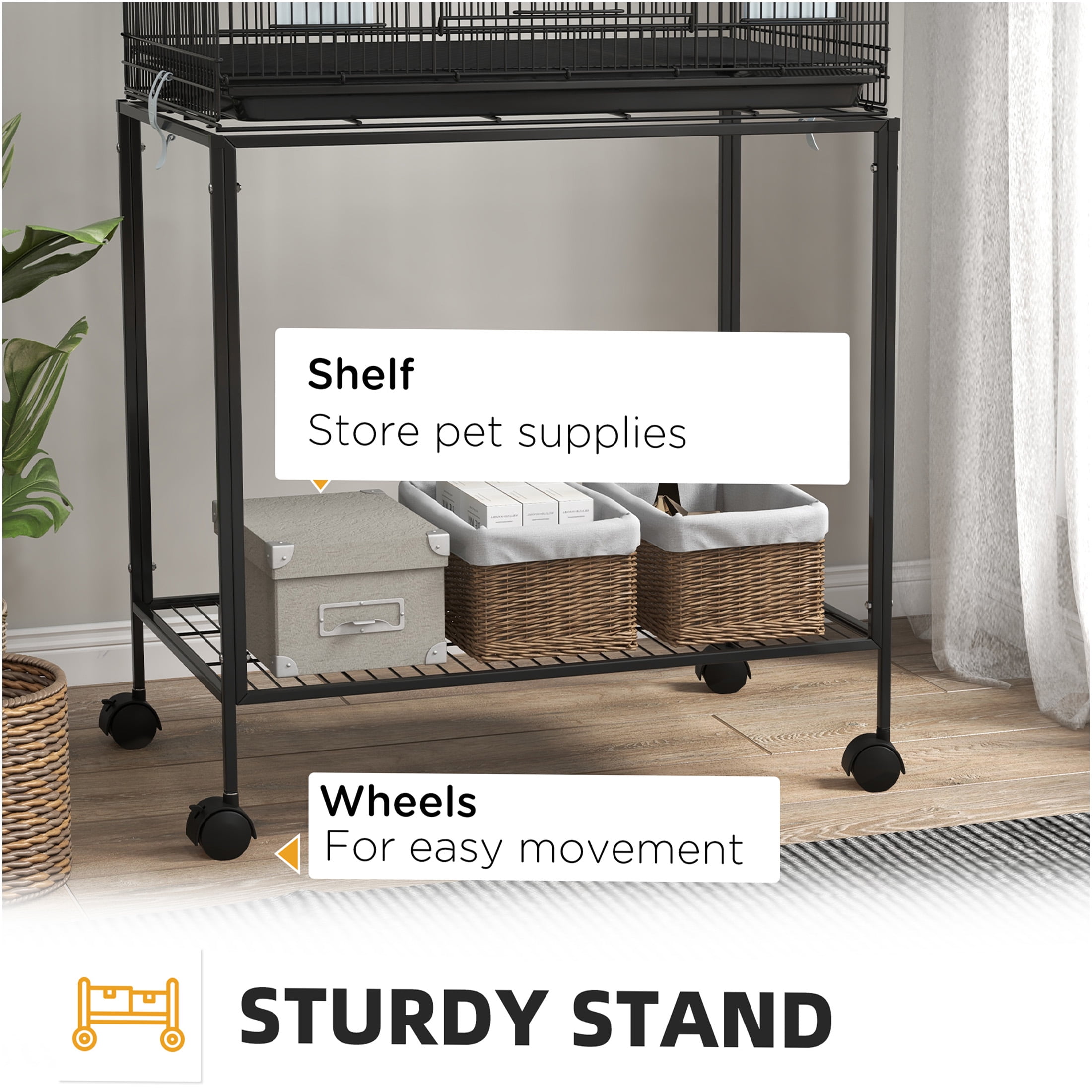 JERFIT 64.5" Double Stack Bird Cage with Stand on Wheels, Black Steel Aviary for Small Birds, Finches, Budgies, Parakeets