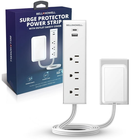 Bell   Howell 3Ft Surge Protector Power Strip Extension Cord with Multiple Outlets and Innovative Safety Protection Cover, Plug Extension Outlet Power Cord with USB Ports