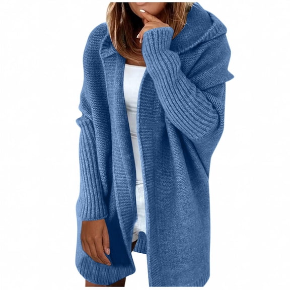 Lovskoo 2024 Long Cardigans for Women Trendy Long Sleeve Solid Color Medium Long Large Sweater Knitted Hooded Cardigan Coat Blue