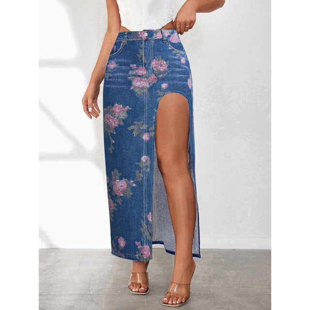 FcBaudy Jupes pour Femmes, Robes Midi pour Femmes, Robes d'Été pour Femmes Jupe en Denim à Fente Haute pour Femmes Robe Femme