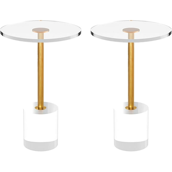 Clear Acrylic Side Table Set of 2, Round Modern Drink Table, Small End Table, Brushed Brass Metal, Acrylic Furniture for Office, Living Room and Bedroom, 13.8 x 13.8 x 21.8 Inch
