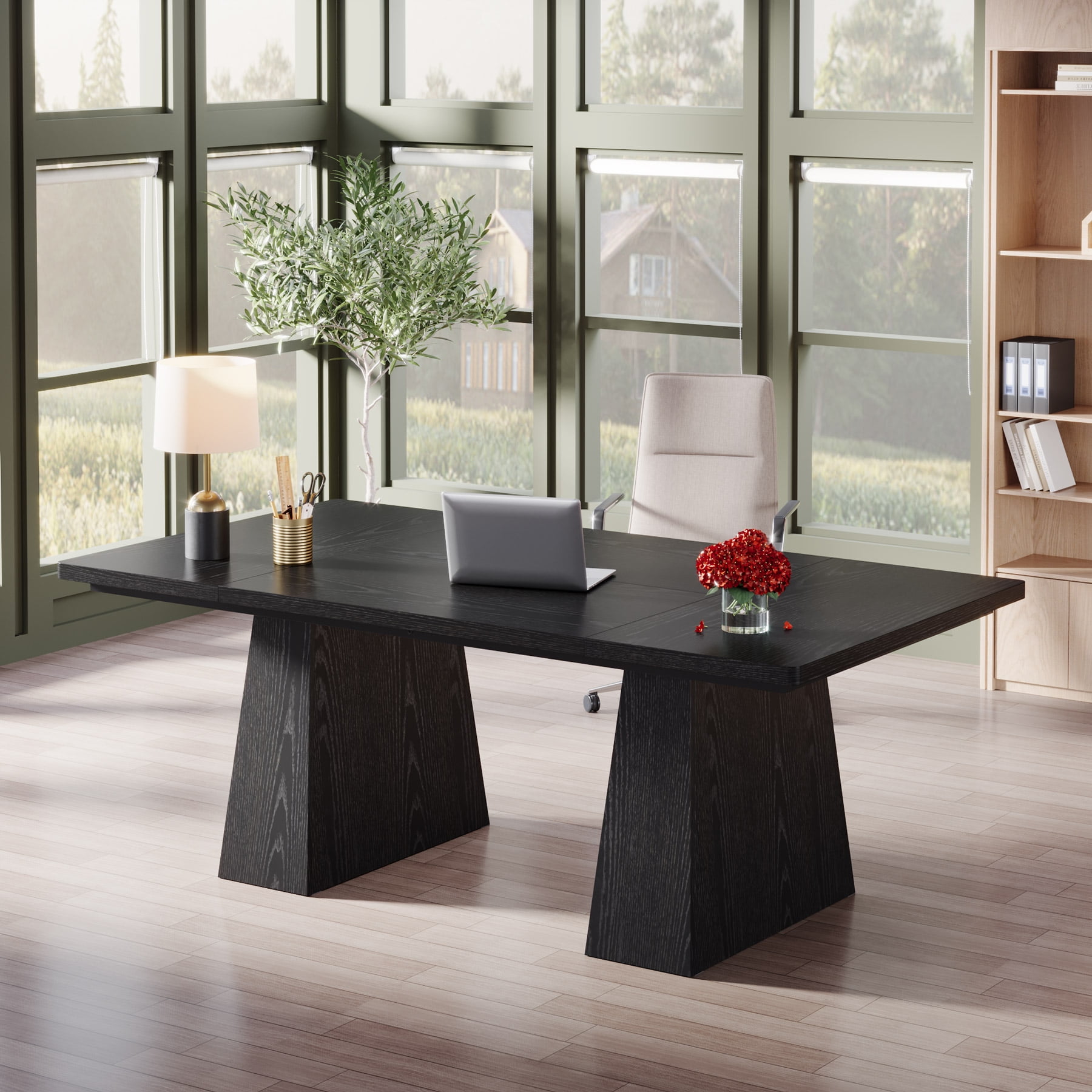 Tribesigns 63" Executive Desk, Modern Office Computer Desk with Double Pedestal, Large Simple Workstations Writing Table Conference Table, Black
