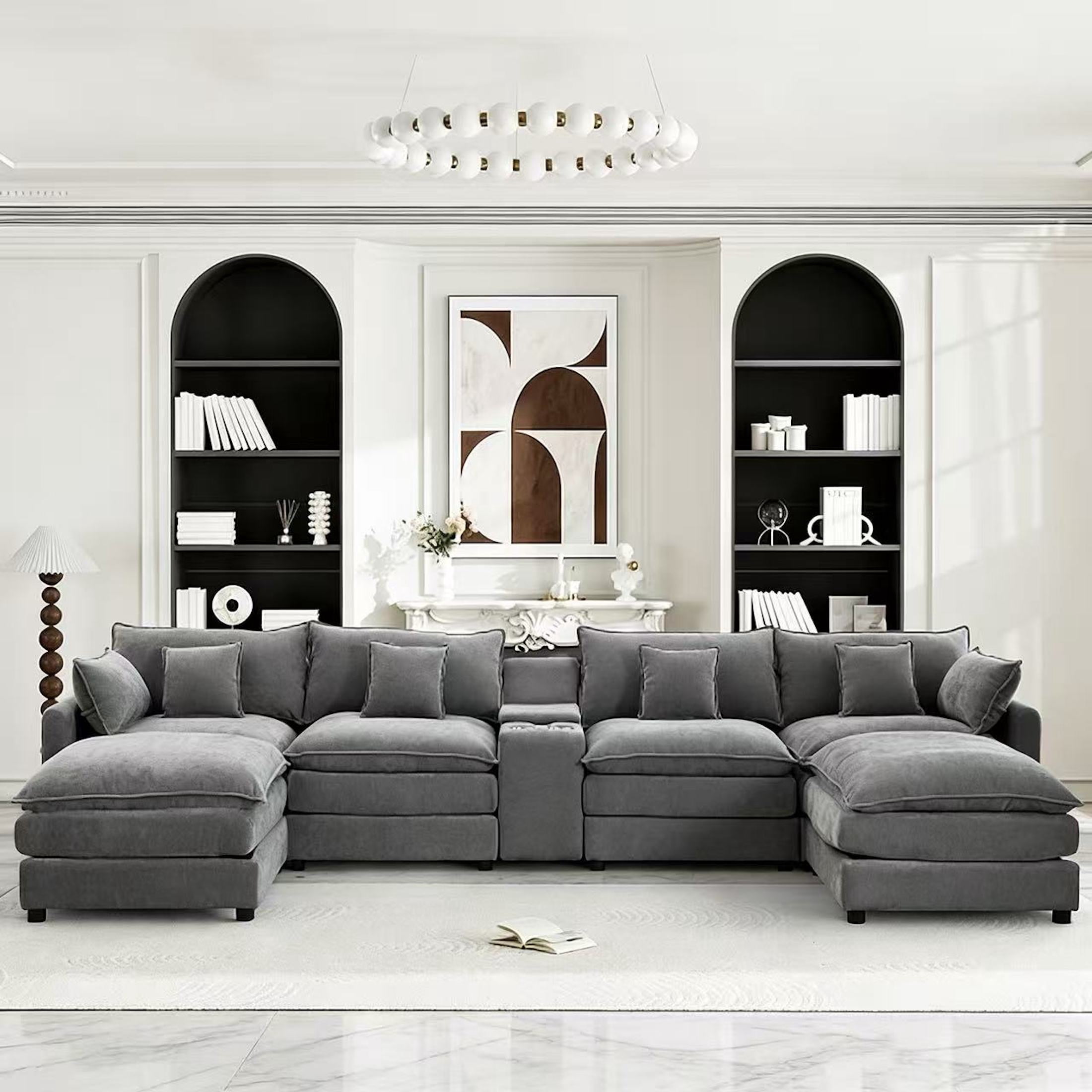 Vinform 145" U Shaped Cloud Couch Sectional with USB Charging, Hidden Storage, Cup Holders & Double Chaise, Grey