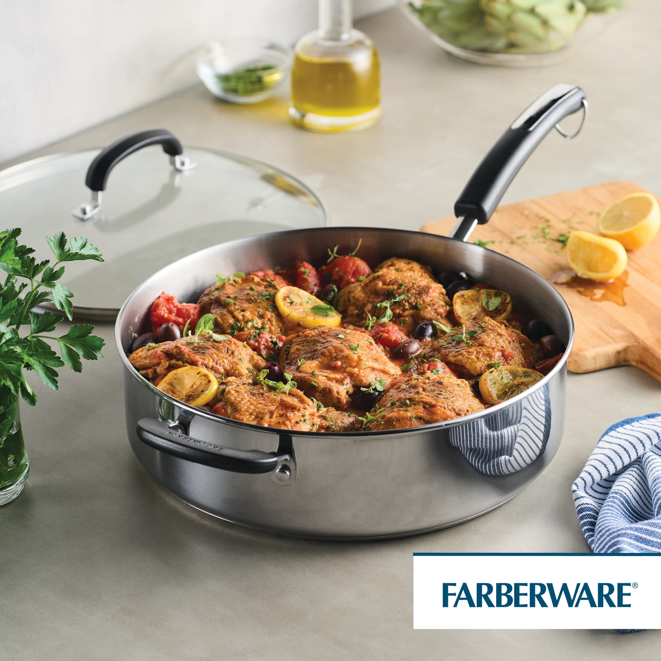 Farberware Brilliance 6 Quart Saute Pan with Lid and Helper Handle, Induction Compatible, Metal Utensil and Dishwasher Safe, Stainless Steel