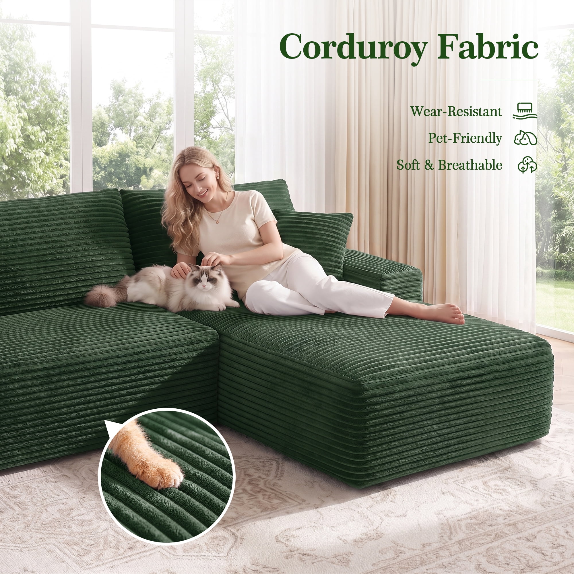 Aukfa 107" Boneless Modular Sectional Sofa, L-Shaped Corduroy Couch with Deep Seat and Right-Facing Chaise for Living Room, Emerald