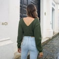thumbnail image 2 of Defitshape Women's Long Sleeve Crop Top Knit Sweater Waffle Knit Sweater Lightweight Loose V Neck Twist Front Tie Knot Pullover Sweaters Army Green Small, 2 of 4