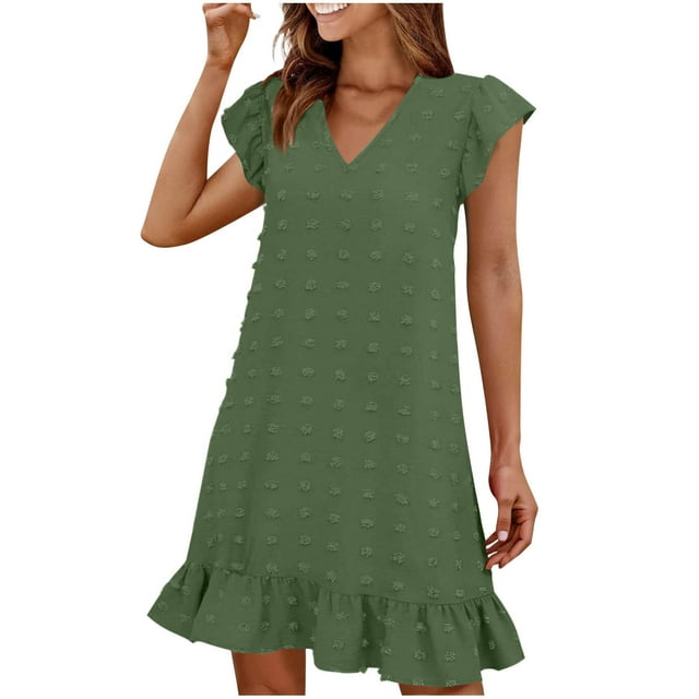 LOVZFMLL Robes d'Été pour Femmes 2025 Col en V Manches Courtes Volantées Ourlet à Volants Robe Smock Mini Décontractée Plage Vacances Vêtements pour Femmes Vert m