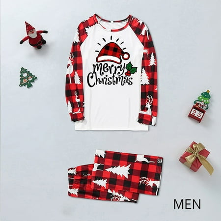 

Men Dad Family Christmas Pajamas Cute Christmas Hat Print Pajamas Plaid Holiday Pajamas Set Parent Child