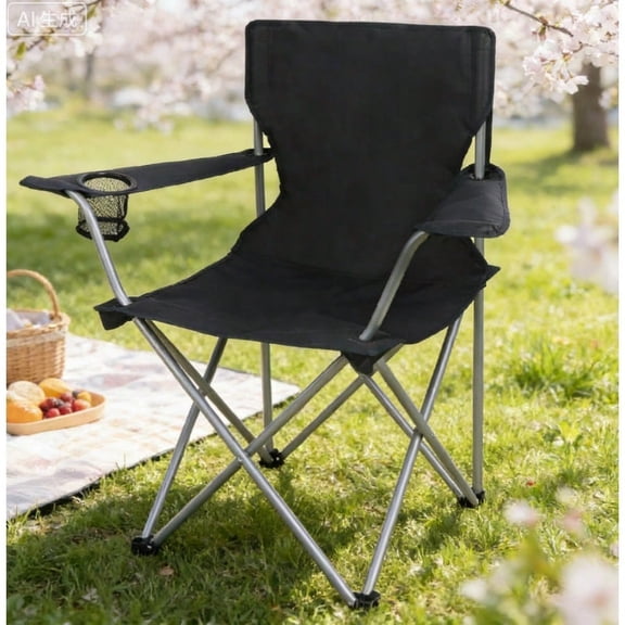 Black Quad Fold Camping Chair with Built-In Cup Holder, Lightweight Portable Collapsible Chair for Patio, Tailgate, Hiking, Beach, Fishing & Outdoor Adventures