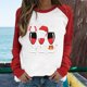 thumbnail image 2 of Camiseta de manga larga con estampado de copa de vino de Navidad a juego de colores raglán con cuello redondo informal para mujer Top de manga larga con cuello redondo/camisa Pompotops FGAJ9369, 2 of 7
