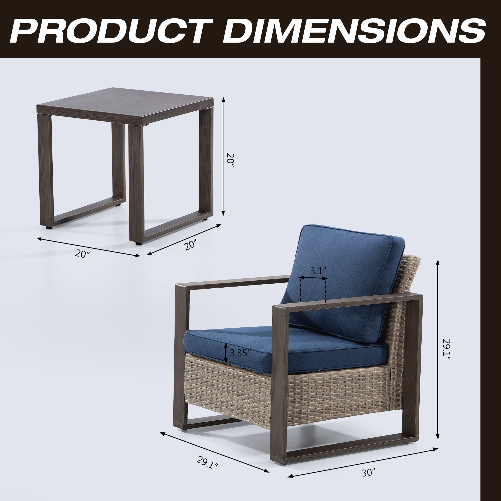 MeetLeisure Outdoor Wicker Metal Chairs Set of 2 with Side Table, 3 Pieces Patio Bistro Set with Removable Olefin Cushions & Wood-Looking Metal Armrest, Dark Blue