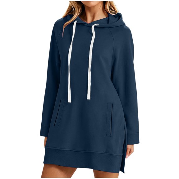 felwors Women's Oversized Pullover Hoodie Fleece Split Hem Sweatshirt with Pockets Casual Navy for Size S