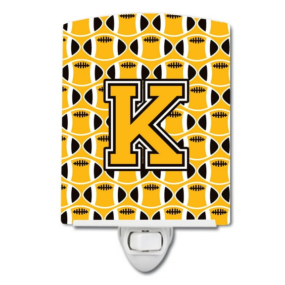 Caroline's Treasures CJ1080-KCNL Letter K Football Black, Old Gold and White Ceramic Night Light, 6x4x3", multicolor