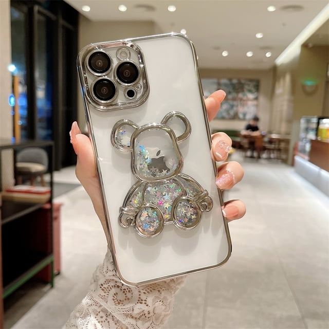Funda de arena movediza de oso de dibujos animados para iPhone 11, 12, 13, 14, 15 Pro Max, 7, 8 Plus, XR, X, Xs Max, película protectora de lente, cubierta transparente a prueba de golpes