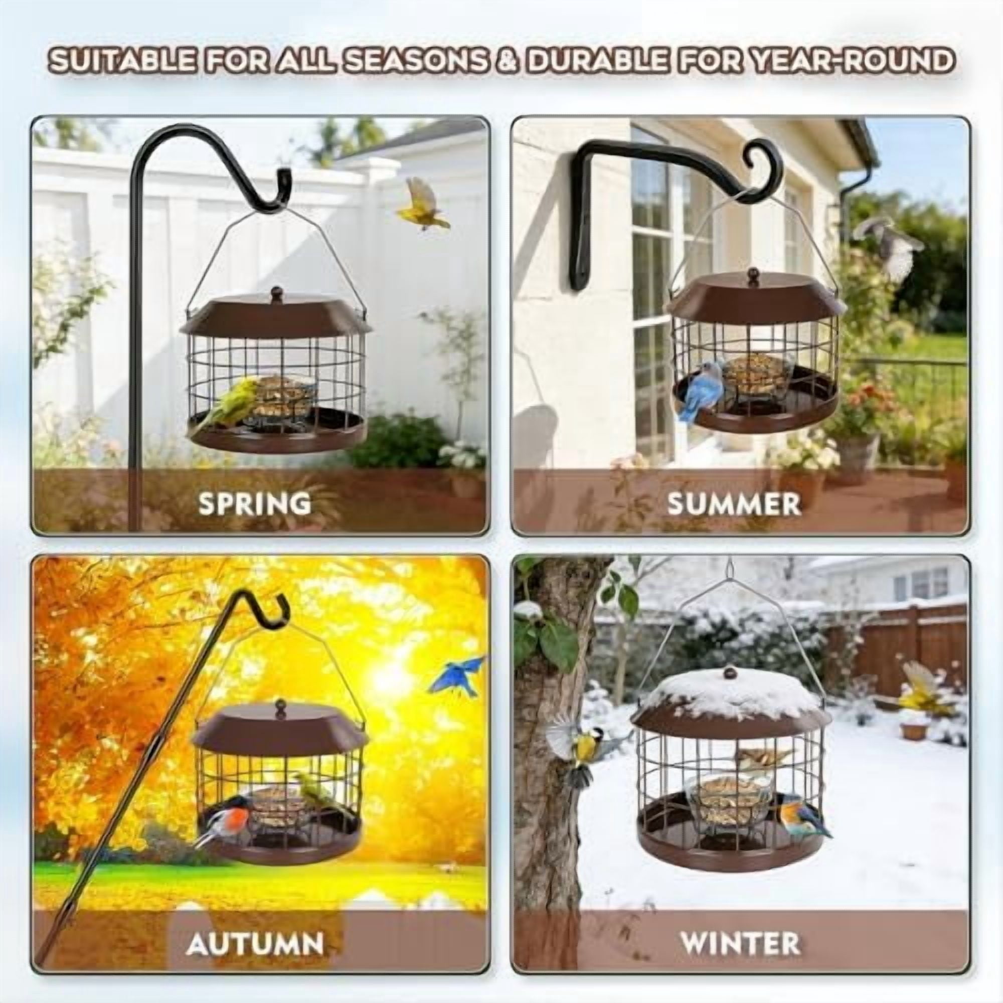 Caged Bluebird Feeder for Mealworms with Glass Bowl, Squirrel Proof Bird Feeder for Small Birds Only, Detachable Hook, Large Space, Outdoors Weatherproof, Metal, Brown