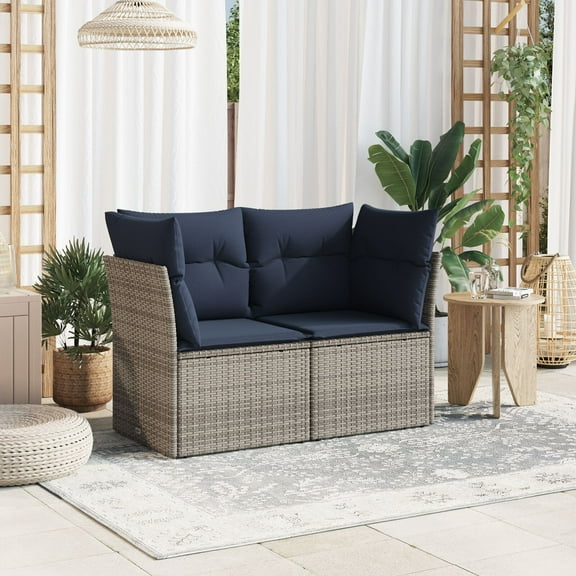 vidaXL Garden Sofa Dark Blue, Grey Wicker Rattan, Fabric 2 Seater