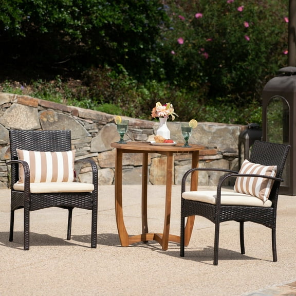 Christopher Knight Home Lindy Outdoor 3 Piece Wicker Bistro Set by Multibrown/Beige/Teak