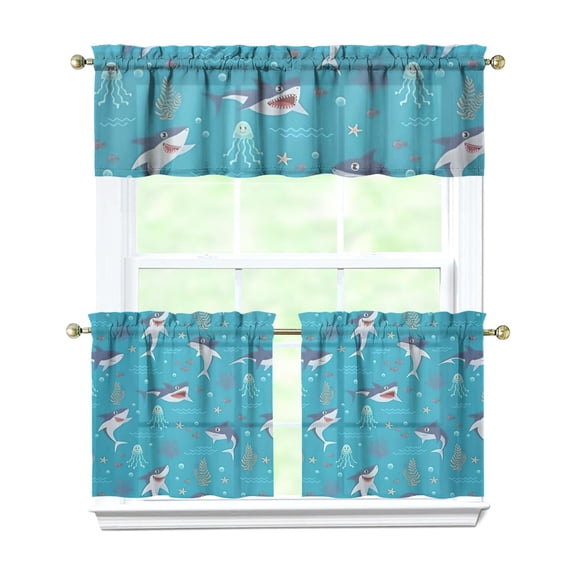 Kitchen Curtains 24 Inch Short - 3 Panel Set, Shark Whale Dolphin Ocean Theme, Rod Pocket Window Curtain, 100% Polyester for Nautical Farmhouse Kitchen, Easy Wash