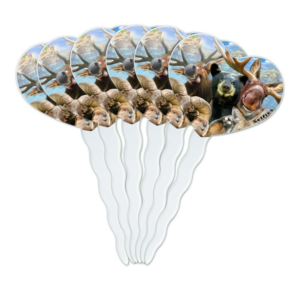 Rocky Mountain Animals Selfie Bear Moose Elk Ram Beaver Fox Heart Love Cupcake Picks Toppers Decoration Set of 6