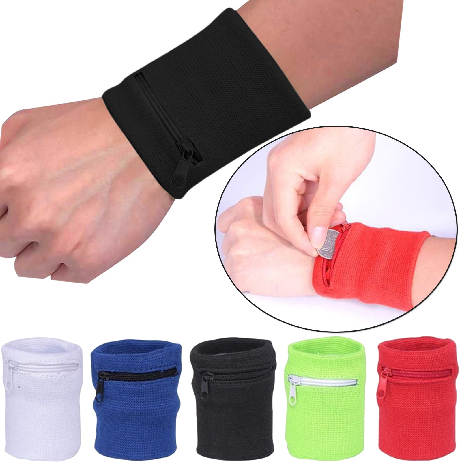 2x Cycling Running Sweatbands Wrist Wallet Sports Wristband w/ Zipper Pocket 