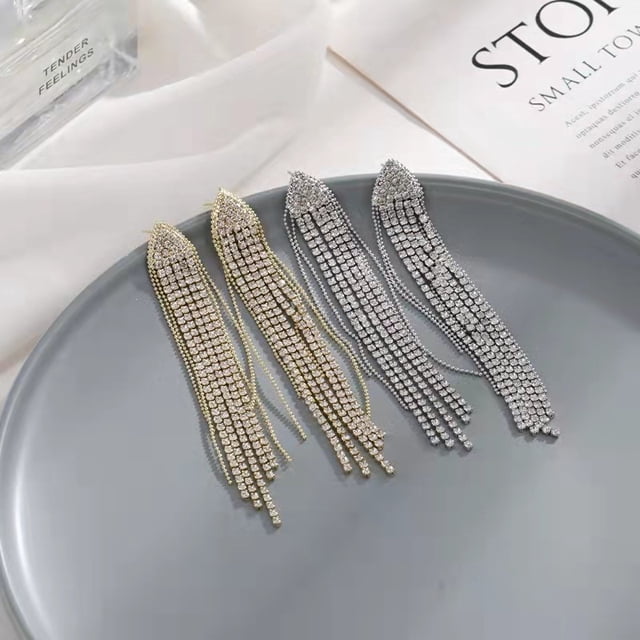 Pendientes largos con borlas geométricas y triángulos llenos de diamantes Pendientes de plata S9225 con pasador exagerados de alta gama
