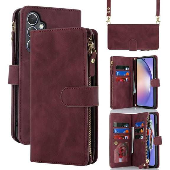 for Samsung A54 Crossbody Phone Cases for Women Men with Card Holder,Galaxy A54 5G Wallet Case with Strap Shoulder Lanyard, Zipper Pocket PU Leather Kickstand Purse,6.4" Burgundy