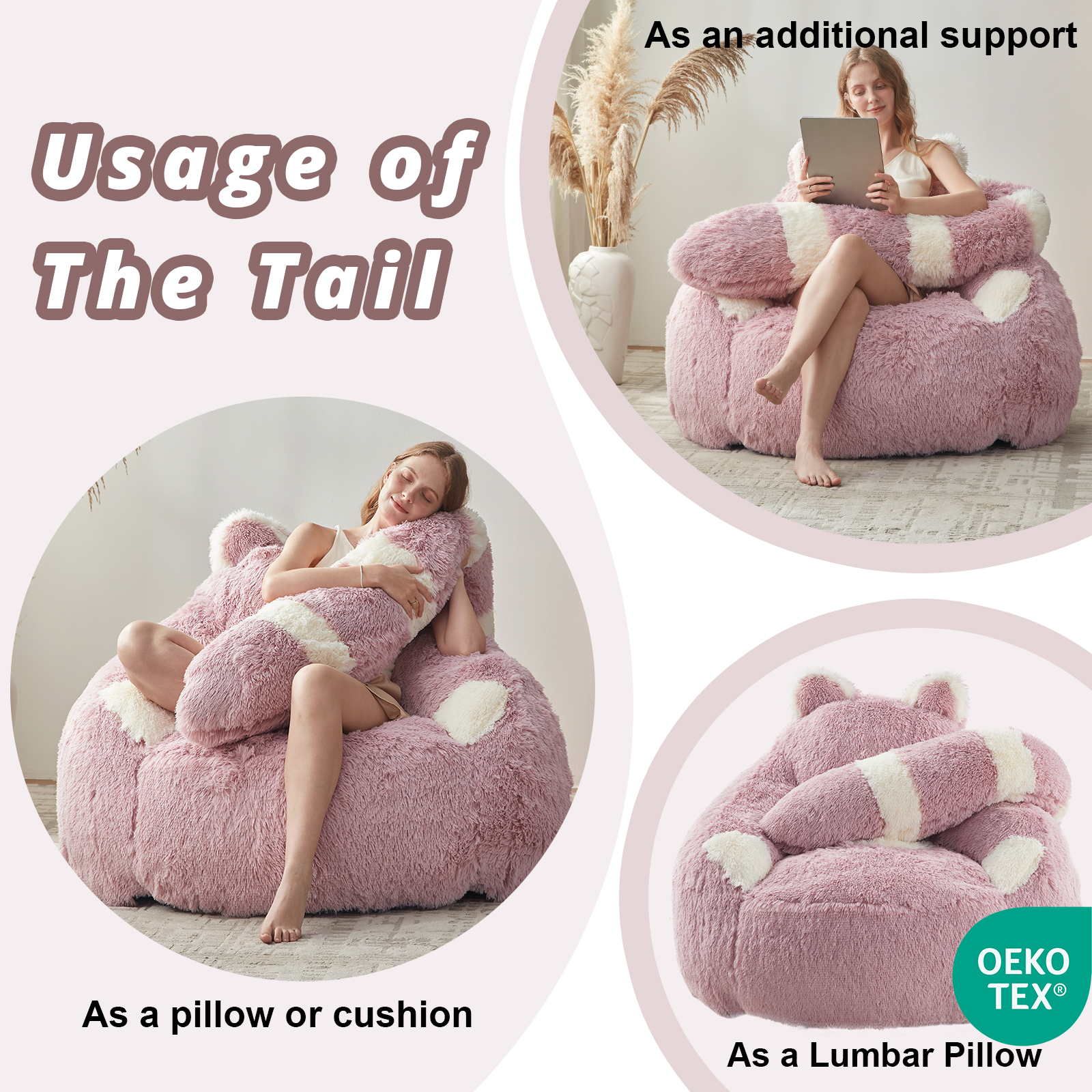Ebenchico 3.7ft Raccoon Shaped Bean Bag Chair for Adults Teens Kids, Large Beanbag Chairs for Reading Gaming Relaxing(Pink)