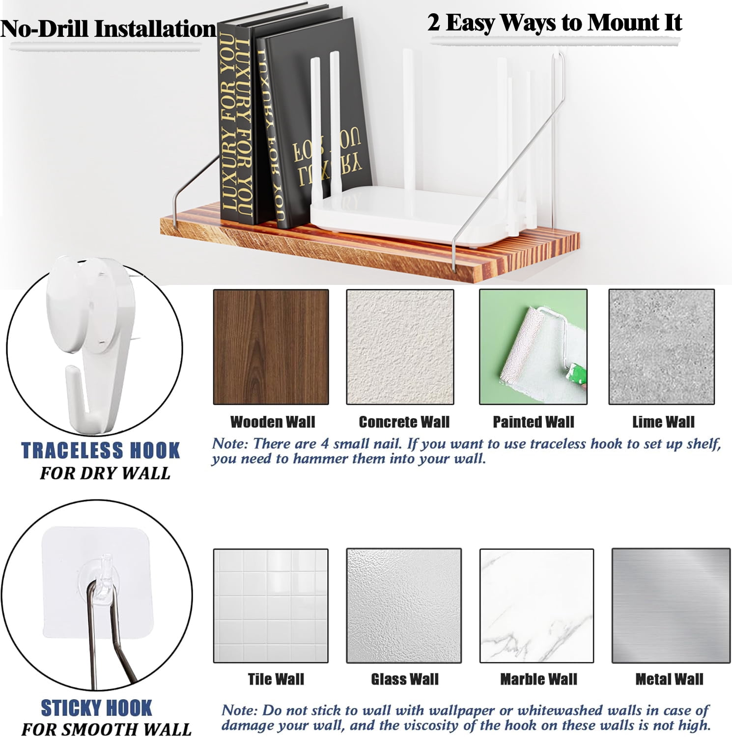 Floating Shelves for Wall Decor 14"x6" 3-Tier, No-Drill Natural Pine Wood Shelf for Projector Mount , Router, Modem, Cable Box,Xbox,mac-mini2024,Switch,Game Controller, for Living Room,Bedroom,Office