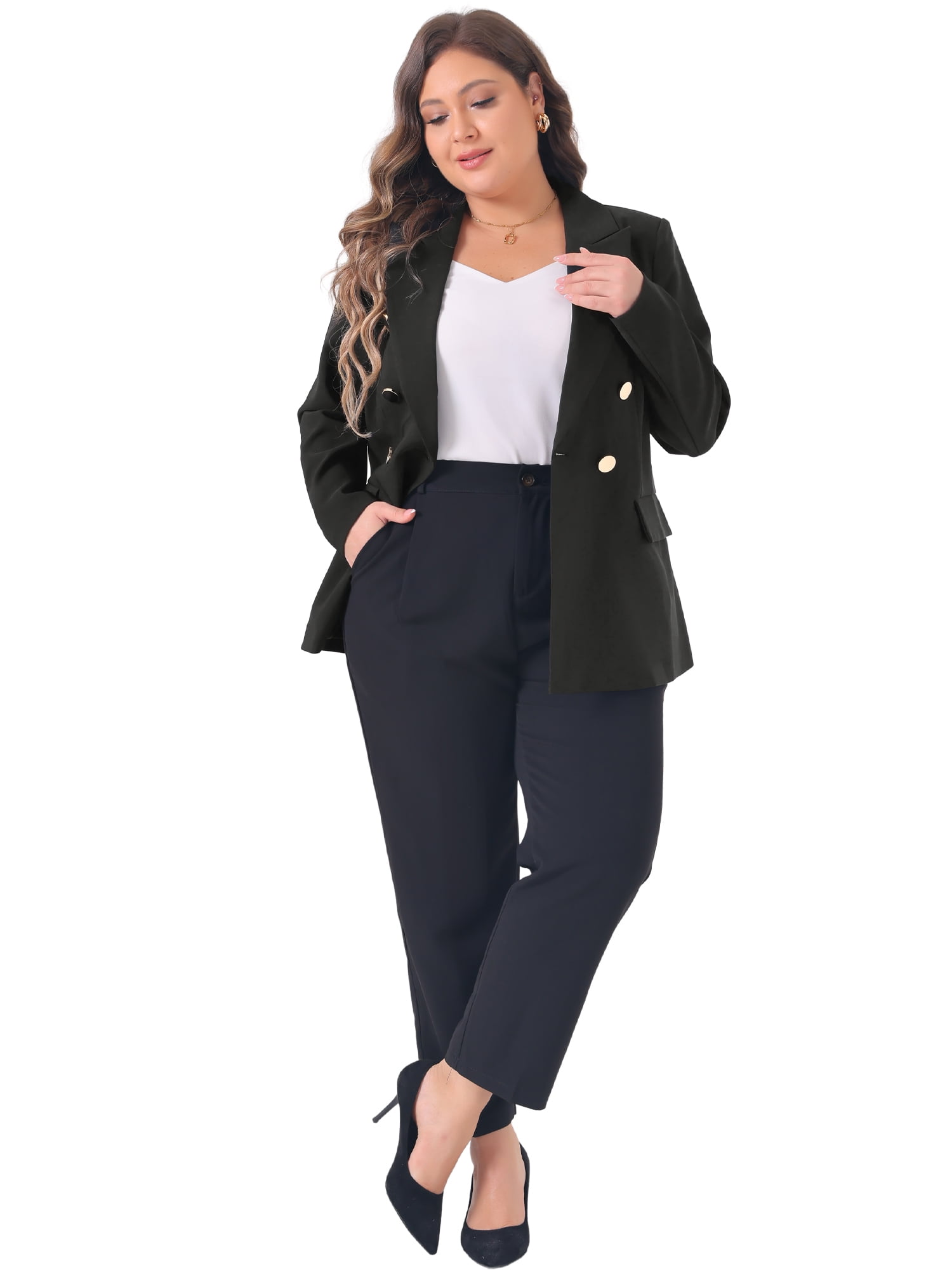 DARING DIVA Women's Plus Notch Lapel Double Breasted Office Work Blazer 2X Black