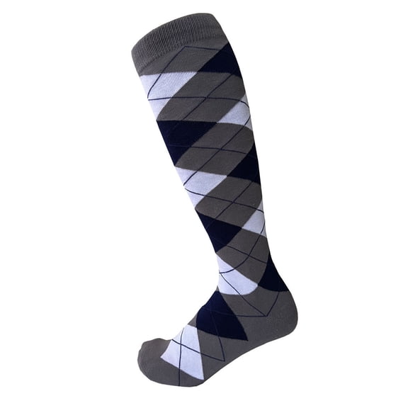 Novelty Men's Argyle Knee High Golf Sport Dress Socks In Gray with Navy and White Color