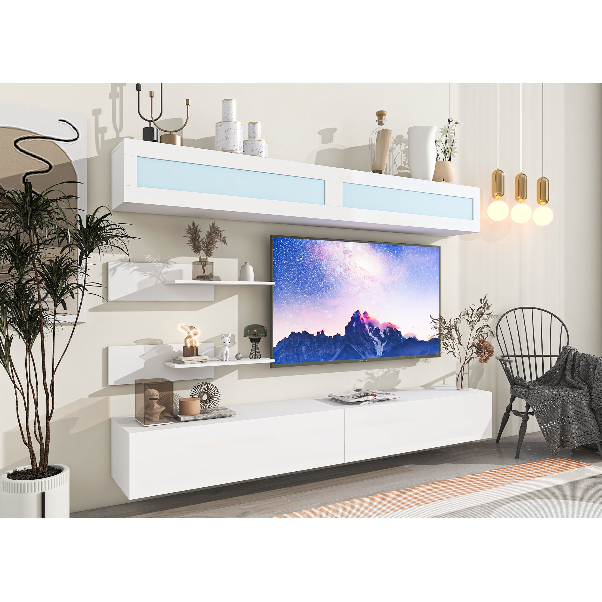 Oblea objetivo A la meditación Meterk Wall Mount TV Stand with Four Media Storage Cabinets and Two  Shelves, Modern High Gloss Entertainment Center for 95+ Inch TV, 16-color  RGB Lights for Living Room, Bedroom, White - Walmart.com