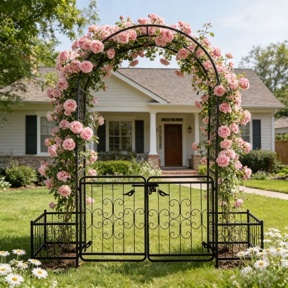 Zimtown 7.2ft Garden Arch with Gate and Planter Boxes, Iron Outdoor Arbor for Climbing Plants, Walkway Trellis, Black