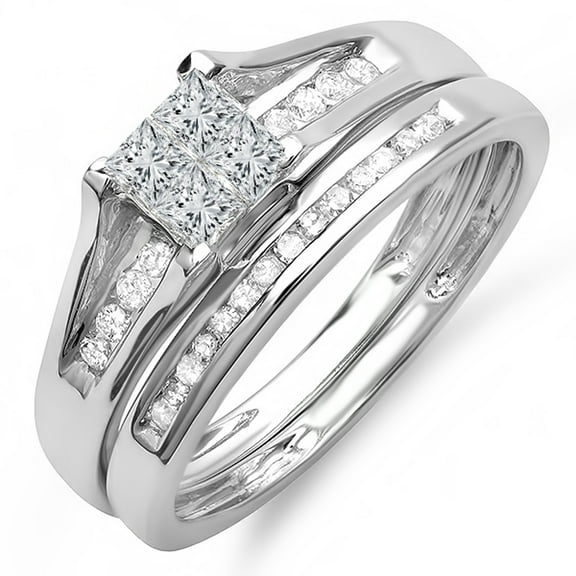Dazzlingrock Collection 0.50 Carat (ctw) 10k Princess & Round Diamond Ladies Bridal Engagement Ring Set Matching Band 1/2 CT, White Gold, Size 7.5