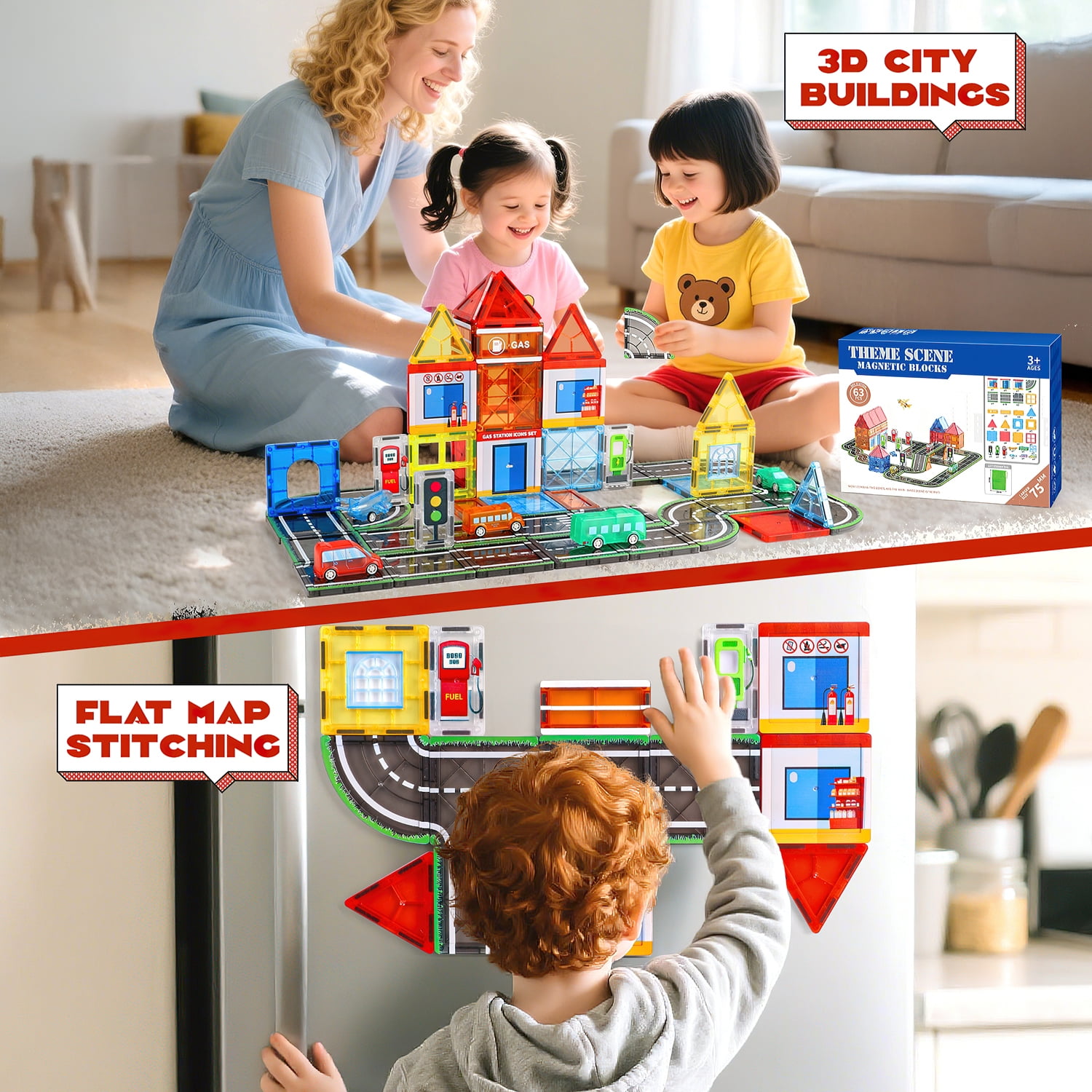 Freecat 63PCS Magnetic Tiles, Gas Stations Building Blocks Toys for Kids Ages 3-12 Years, STEM Educational Toys Christmas Birthday Gift for Kids Boys Girls.