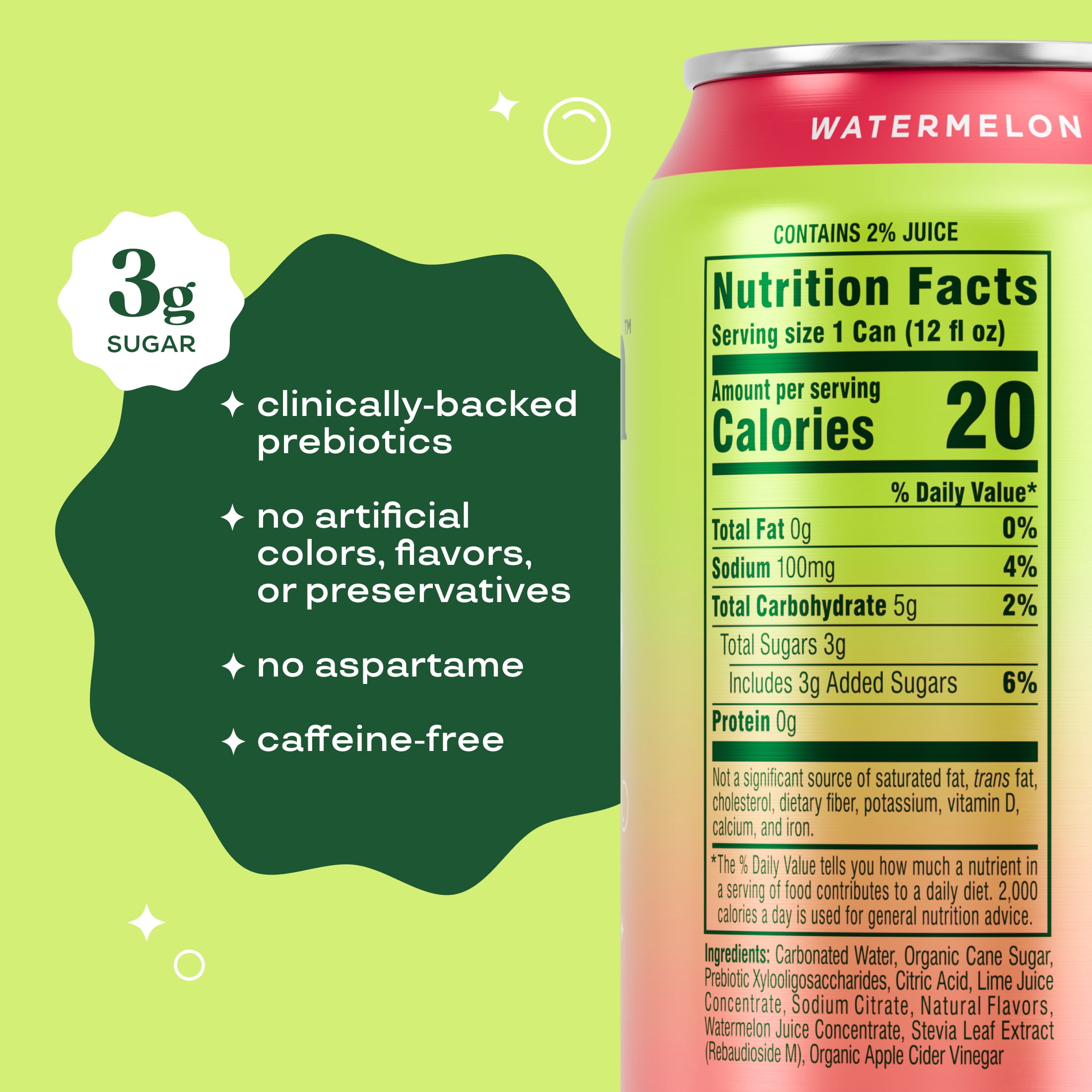 (12 pack) Bloom Nutrition Pop Prebiotic Soda, Watermelon Lime, 12 fl oz Can