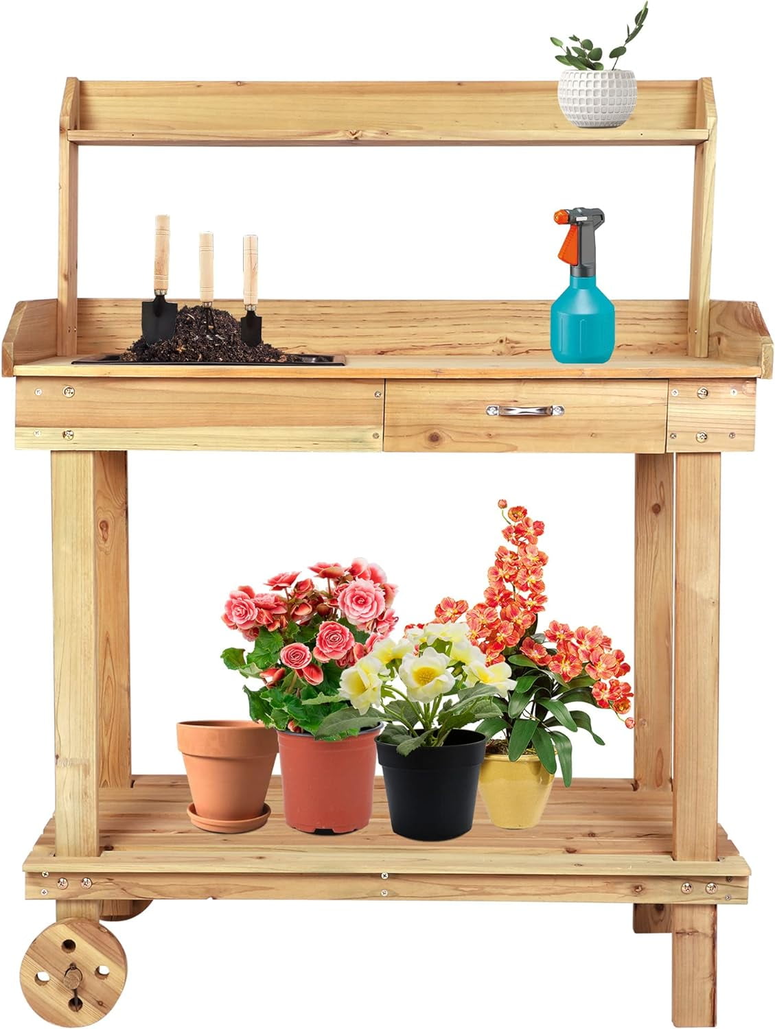Outdoor Garden Potting Bench Table with Removable Sink Gardening Work Bench with Drawer Shelves Hooks on Wheels