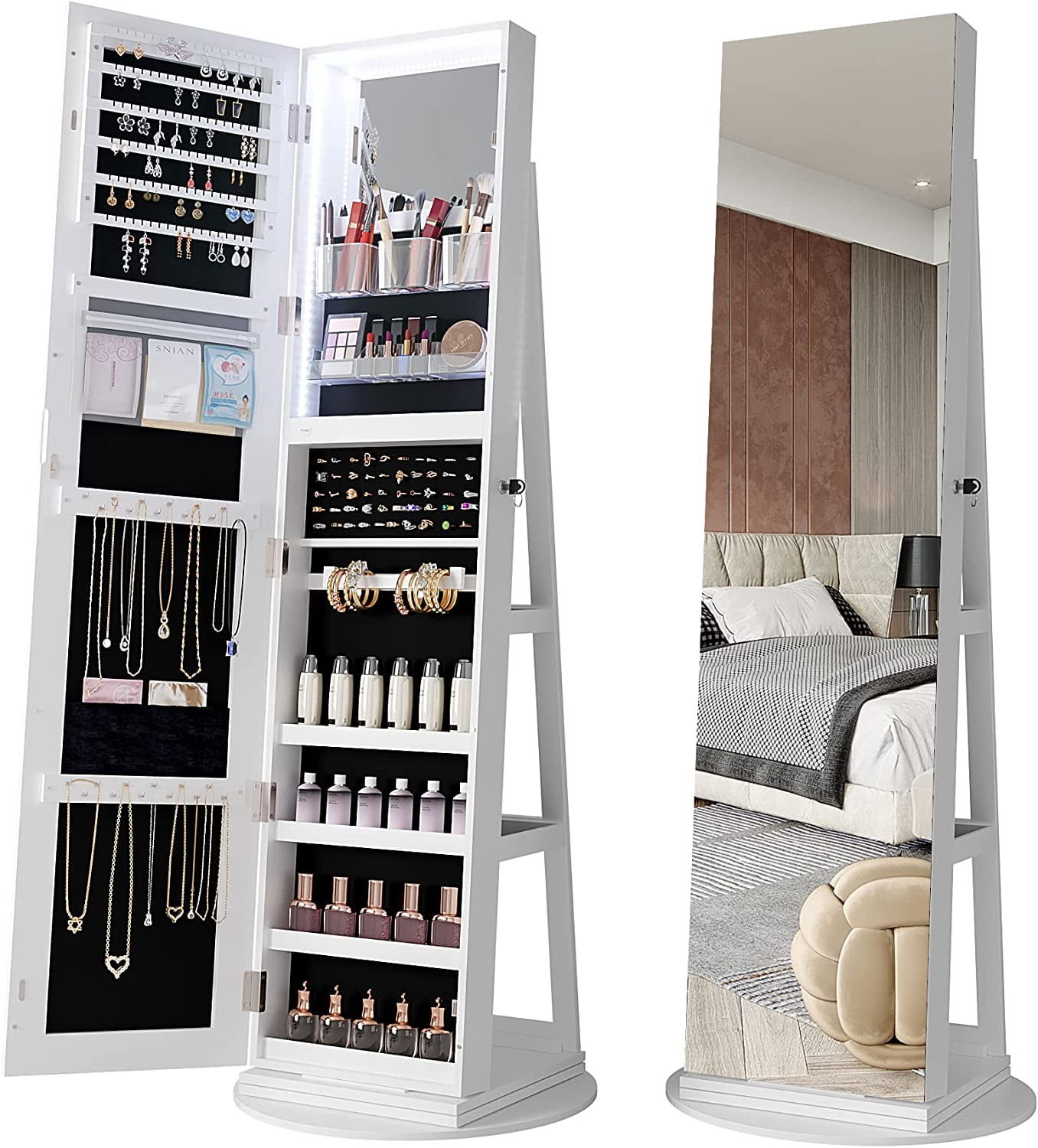 HNEBC Jewelry Organizer Mirror LED Jewelry Armoire with Door Mirror  360°Rotating Jewelry Large Storage Boxes  Organizers-A_White