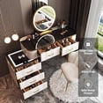 thumbnail image 2 of Luxury Makeup Vanity Desk with Wireless Charging Station and Bluetooth Speaker, Dressing Table with Tempered Glass Desktop, Vanity Set with 5 Drawers, Side Cabinet, Chair, 2 of 7