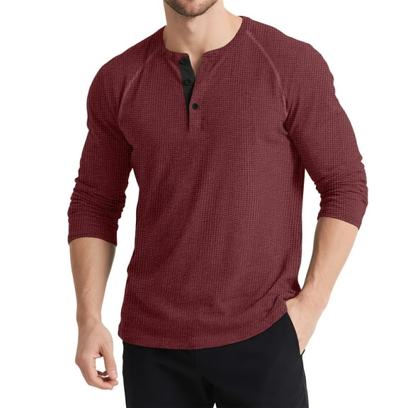 GuangCheng Mens Shirts,Waffle Knit,Long Sleeve,Henley T-Shirts,Regular Fit,Soft Pullover Tops Tees,Red,Size L