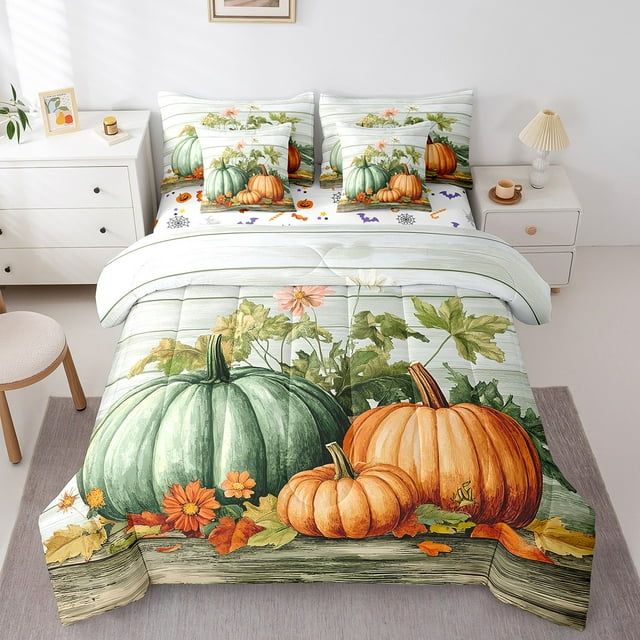 YST Ensemble de Literie Rustique Ferme Automne 7 Pcs Citrouille Lit en Sac Simple Ensemble de Couette Saison de Récolte de l'Action de Grâce avec Draps pour Enfants Adultes, Ensemble de Lit Feuilles Botaniques Automne