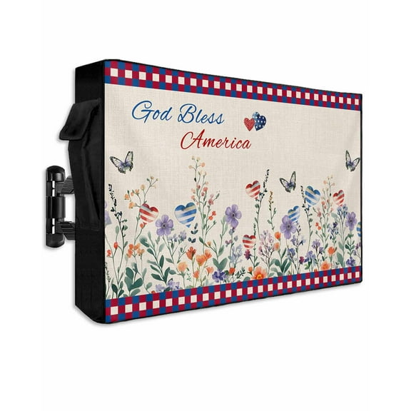 4th of July Outdoor TV Cover 30 to 32 Inch Weatherproof, Independence Day Spring Floral Love Heart 600D Oxford TV Covers with Waterproof Zipper, Outside Flat TV Screen Protector Size 30"Wx19"Hx4.5"D