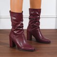 thumbnail image 2 of Pandaie Women's Mid Calf Chunky Heel Short Boots Party Daily Work Fashion Classic PU Slouchy Booties Fall Walking Shoes Wine 8.5, 2 of 5