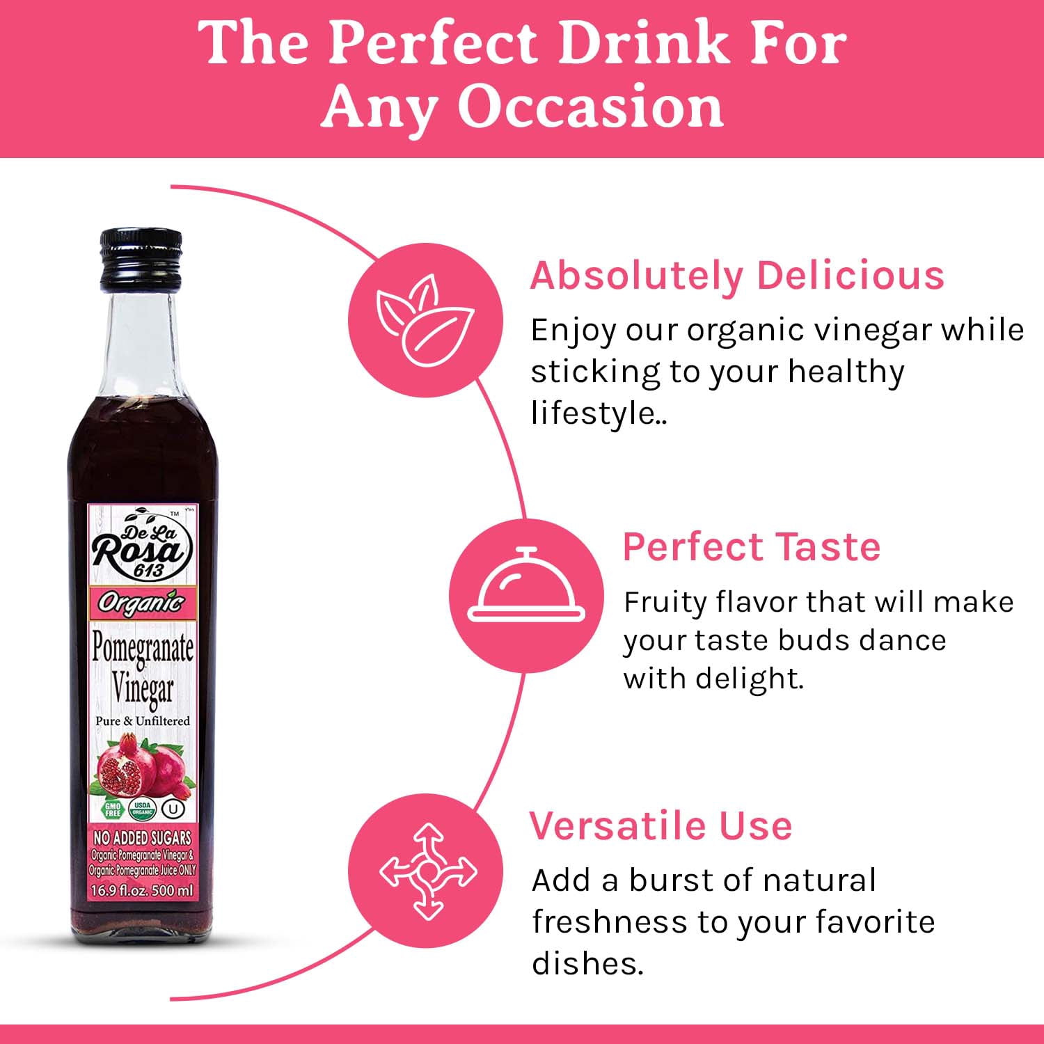 De La Rosa Organic Pomegranate Vinegar, Pure & Unfiltered, Vegan, 16.9 oz (pack of 2)
