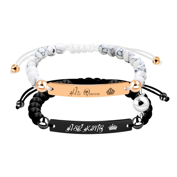 Uloveido Couples Bracelets Set Natural White Turquoise & Matte Black Onyx Stainless Steel, 2 Set