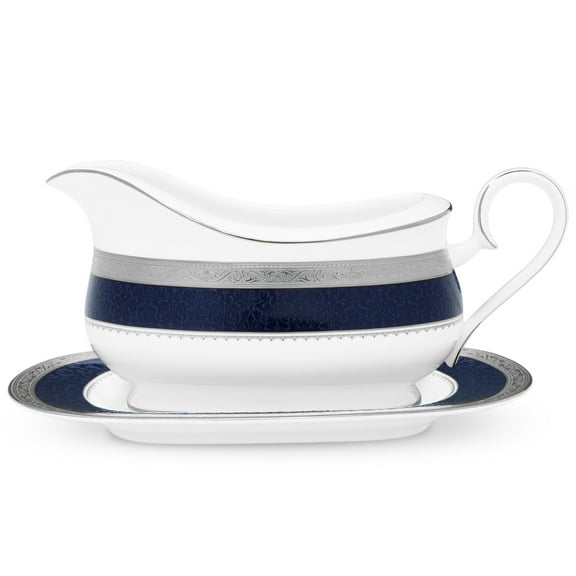 Noritake Odessa Cobalt Platinum Gravy Boat with Tray