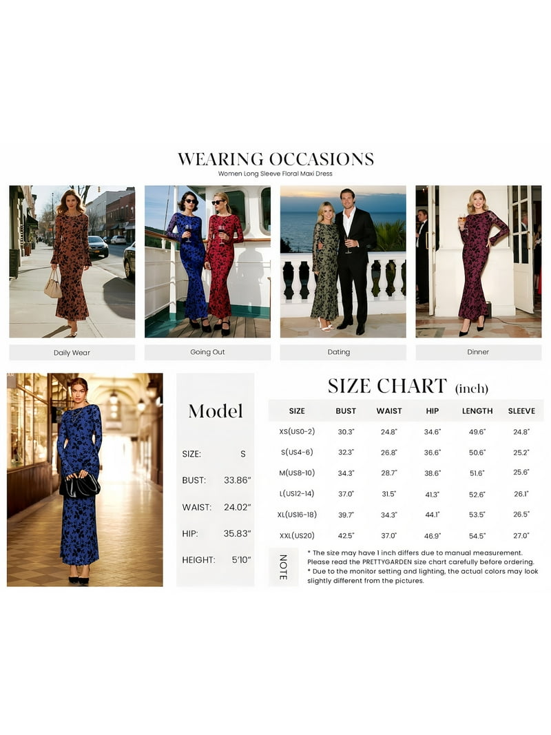 Prettygarden Women's Floral Bodycon Maxi Dress Fall Elegant Mesh Long Sleeve Formal Wedding Guest Cocktail Dresses, Size: XL, Blue