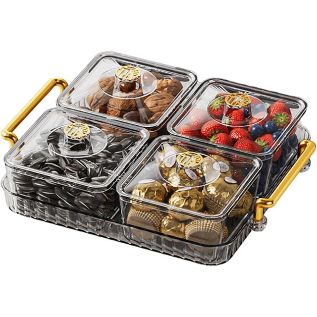 Modern Divided Snack Tray | Portable Clear Elegant Removable Fashion Sectioned Serving Tray With Lid & Handle For Snacks Appetizers Nuts Candy